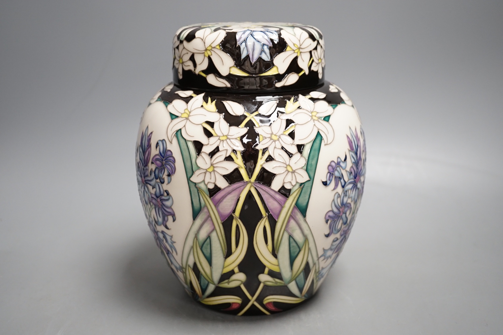 A Moorcroft trial 16.3.18 'hyacinth' jar and cover, boxed, (possibly limited edition of 15), 20cms high.